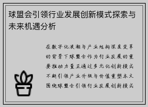 球盟会引领行业发展创新模式探索与未来机遇分析